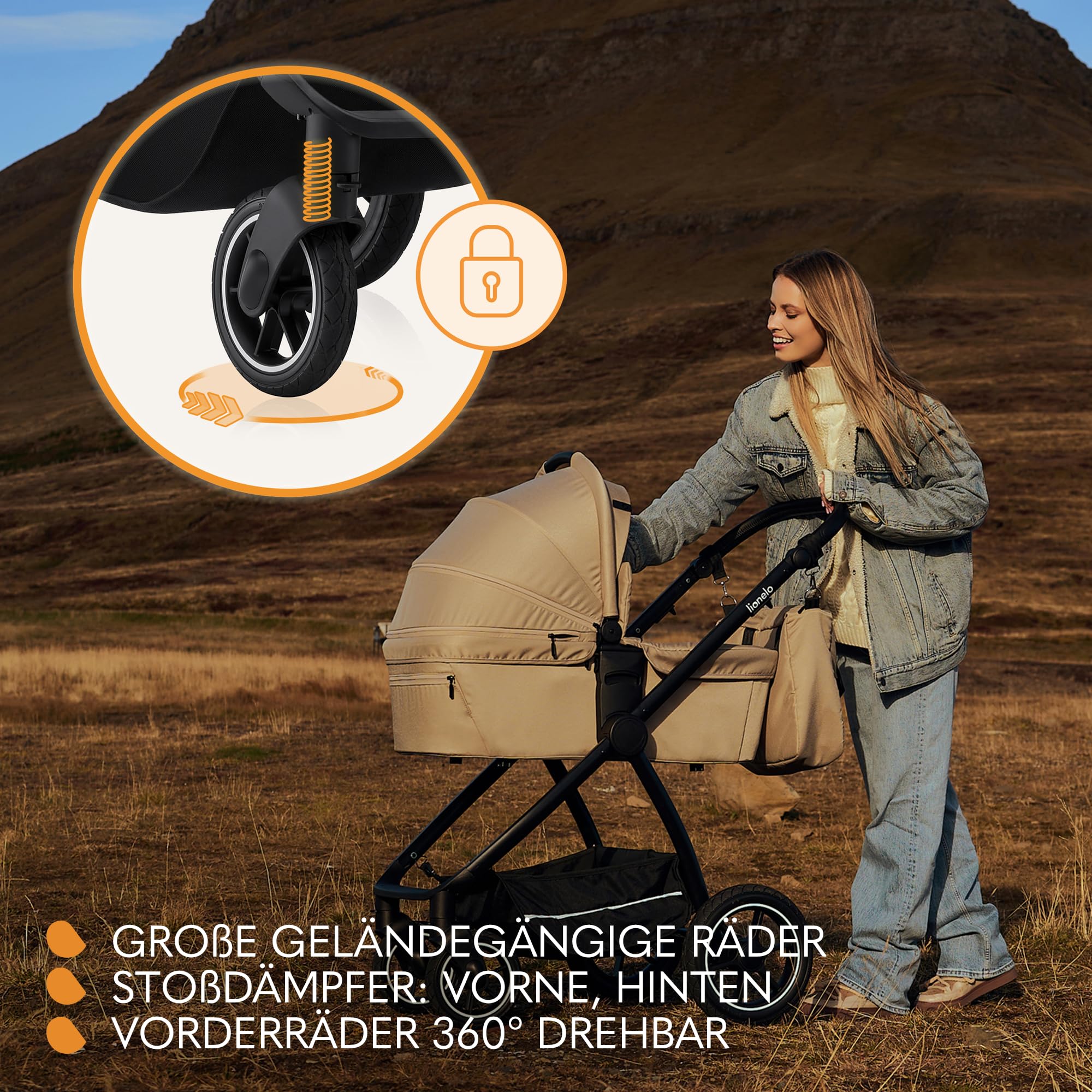 LIONELO MERIL 3-in-1 Multifunktionaler Kinderwagen 0-48 Monate Bis zu 22 kg, Babywanne bis zu 9 kg, Kindersitz bis zu 13 kg, Geländeräder 360°, Vollfederung, XXL-Verdeck mit UPF50+