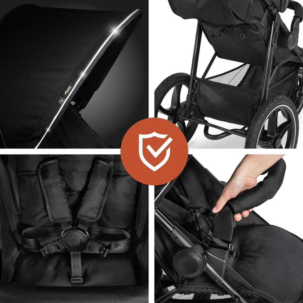 Hauck Runner 2, Schwarz - Robuster Dreirad Buggy mit XL Lufträdern, Federung, UV Schutz 50+, XL Netzfenster, Verstellbarer Schieber, mit Liegefunktion für Kinder ab Geburt bis 22 kg, Faltbar