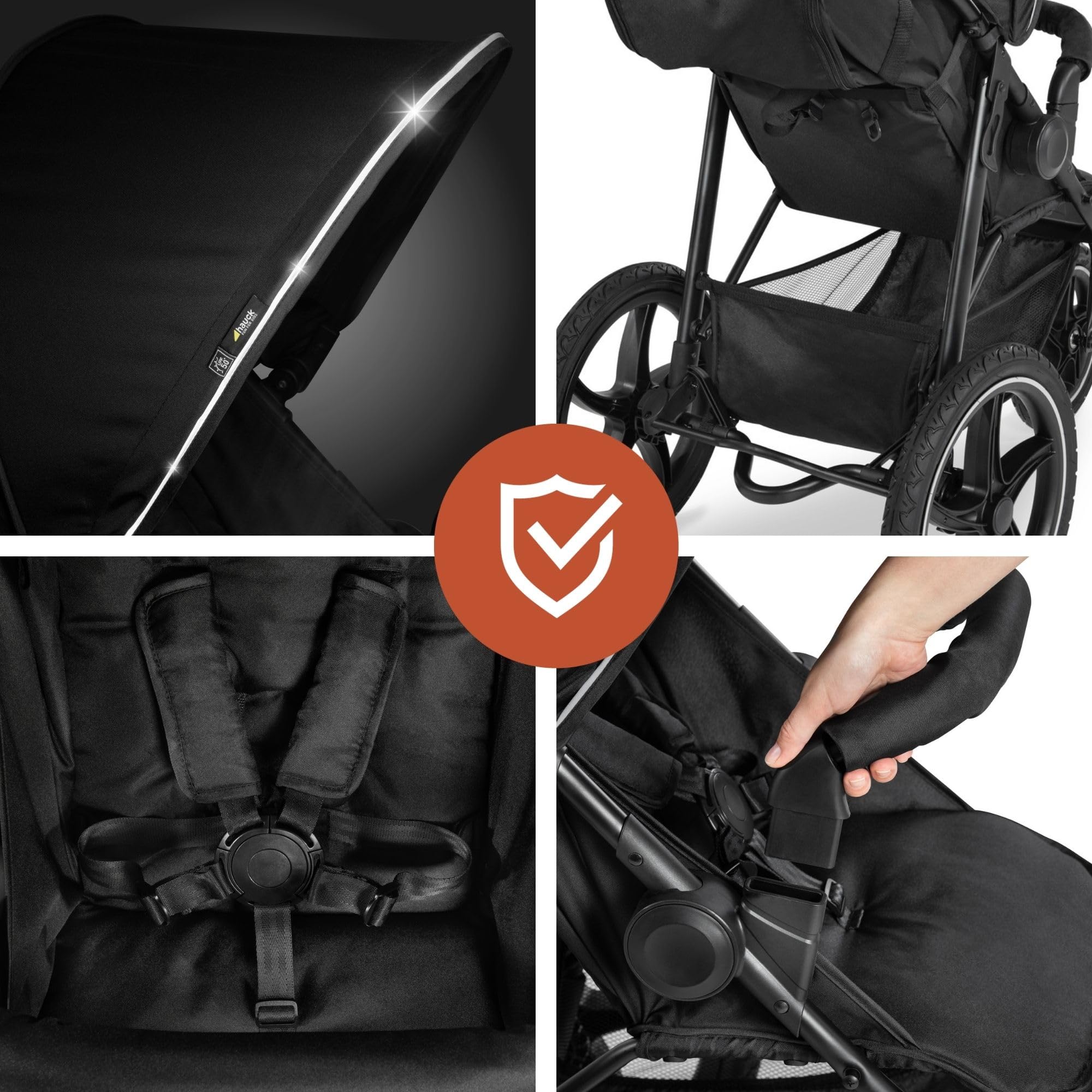Hauck Runner 2, Schwarz - Robuster Dreirad Buggy mit XL Lufträdern, Federung, UV Schutz 50+, XL Netzfenster, Verstellbarer Schieber, mit Liegefunktion für Kinder ab Geburt bis 22 kg, Faltbar