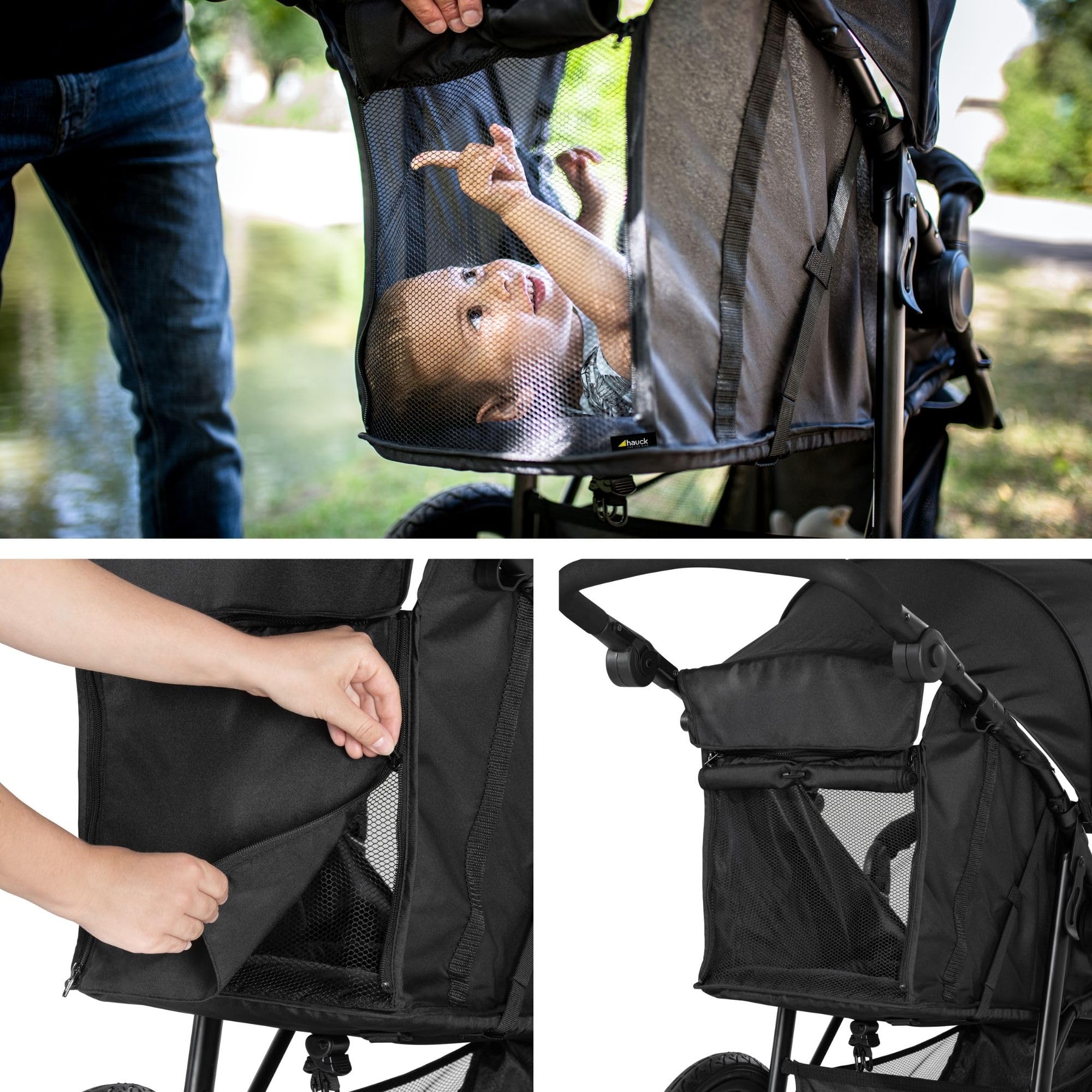 Hauck Runner 2, Schwarz - Robuster Dreirad Buggy mit XL Lufträdern, Federung, UV Schutz 50+, XL Netzfenster, Verstellbarer Schieber, mit Liegefunktion für Kinder ab Geburt bis 22 kg, Faltbar