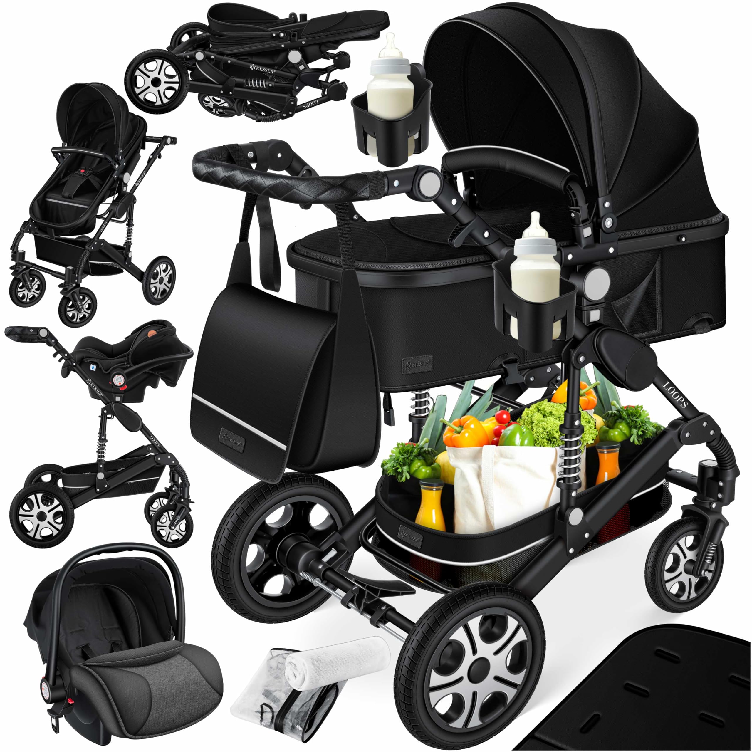 KESSER® Loops 4 in 1 Kinderwagen Komplett-Set | ECE R129 & Vollgummi | Schwarz