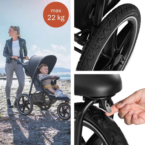 Hauck Runner 2, Schwarz - Robuster Dreirad Buggy mit XL Lufträdern, Federung, UV Schutz 50+, XL Netzfenster, Verstellbarer Schieber, mit Liegefunktion für Kinder ab Geburt bis 22 kg, Faltbar