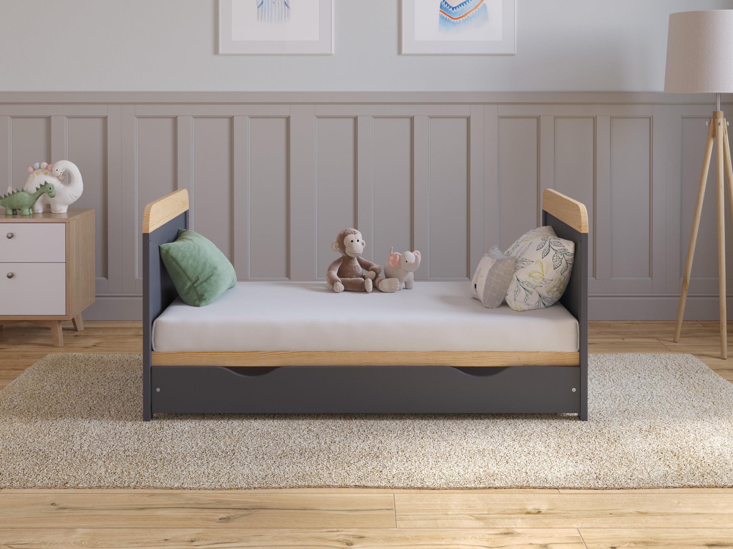 Love For Sleep Babybett 120x60 mit Schublade | Anthrazit-Kiefer Komplett-Set | Mitwachsend