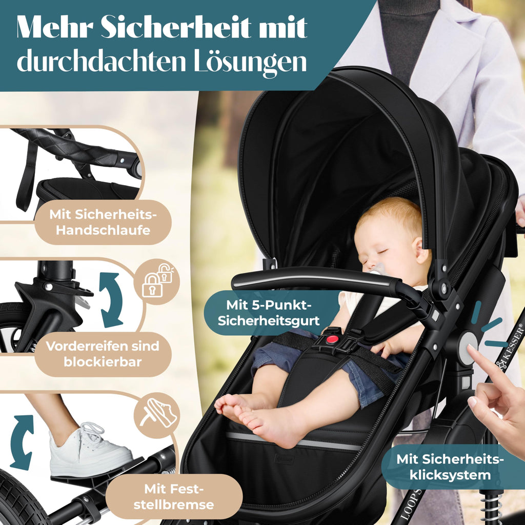 KESSER® Loops 4 in 1 Kinderwagen Komplett-Set | ECE R129 & Vollgummi | Schwarz