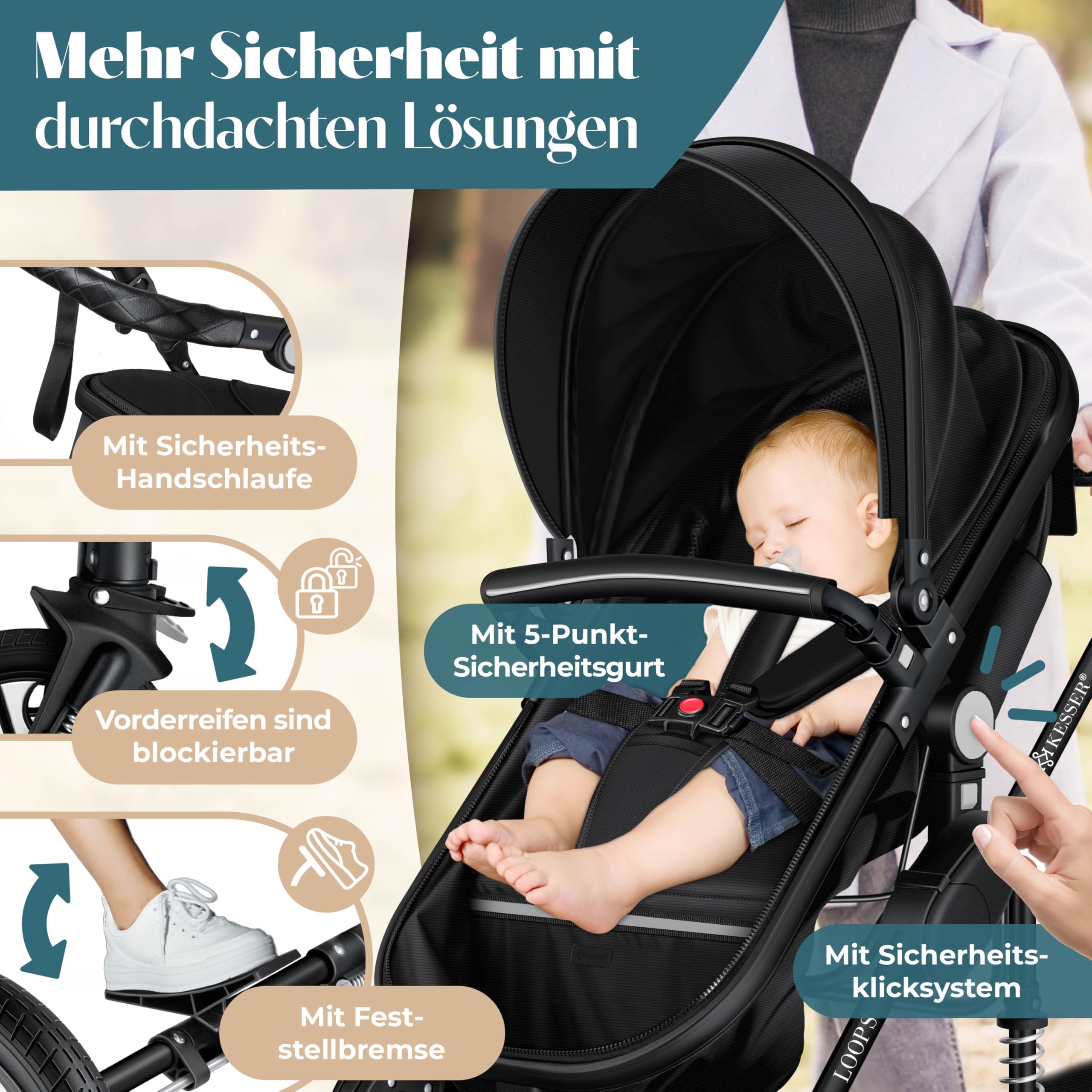 KESSER® Loops 4 in 1 Kinderwagen Komplett-Set | ECE R129 & Vollgummi | Schwarz