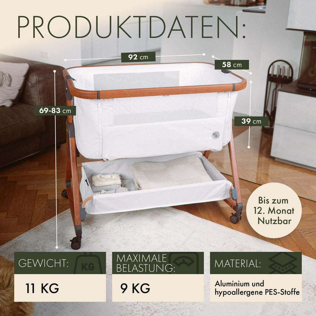 KUNU® 3-in-1 Babybett & Beistellbett | Ideal für Boxspringbett & Reise | Mit Wiegefunktion