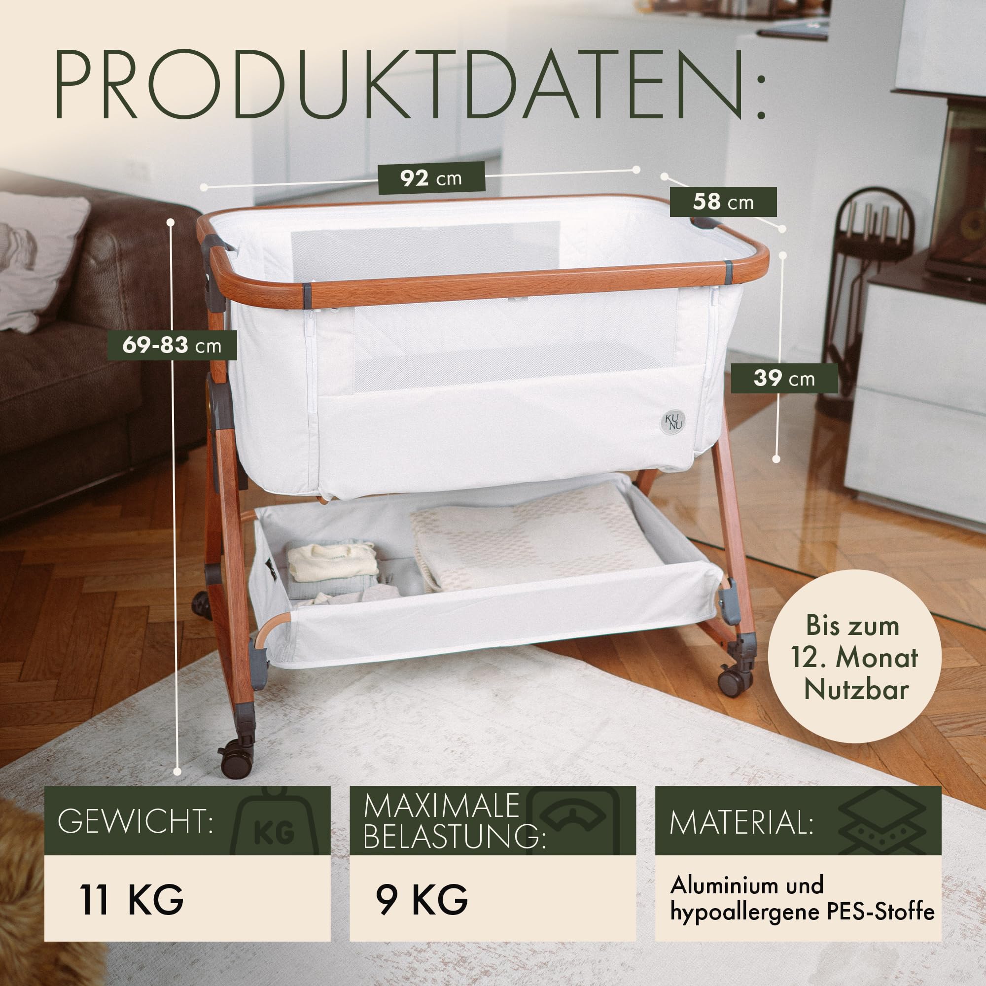 KUNU® 3-in-1 Babybett & Beistellbett | Ideal für Boxspringbett & Reise | Mit Wiegefunktion