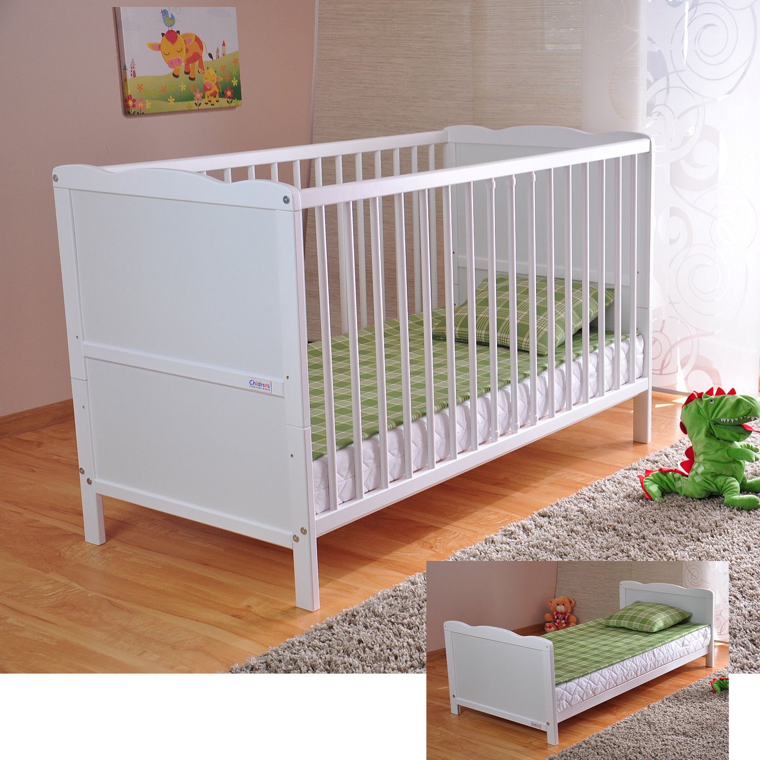Marsell Baby Gitterbett mit Aloe Vera Matratze | Höhenverstellbar & Umbaubar | Weiß