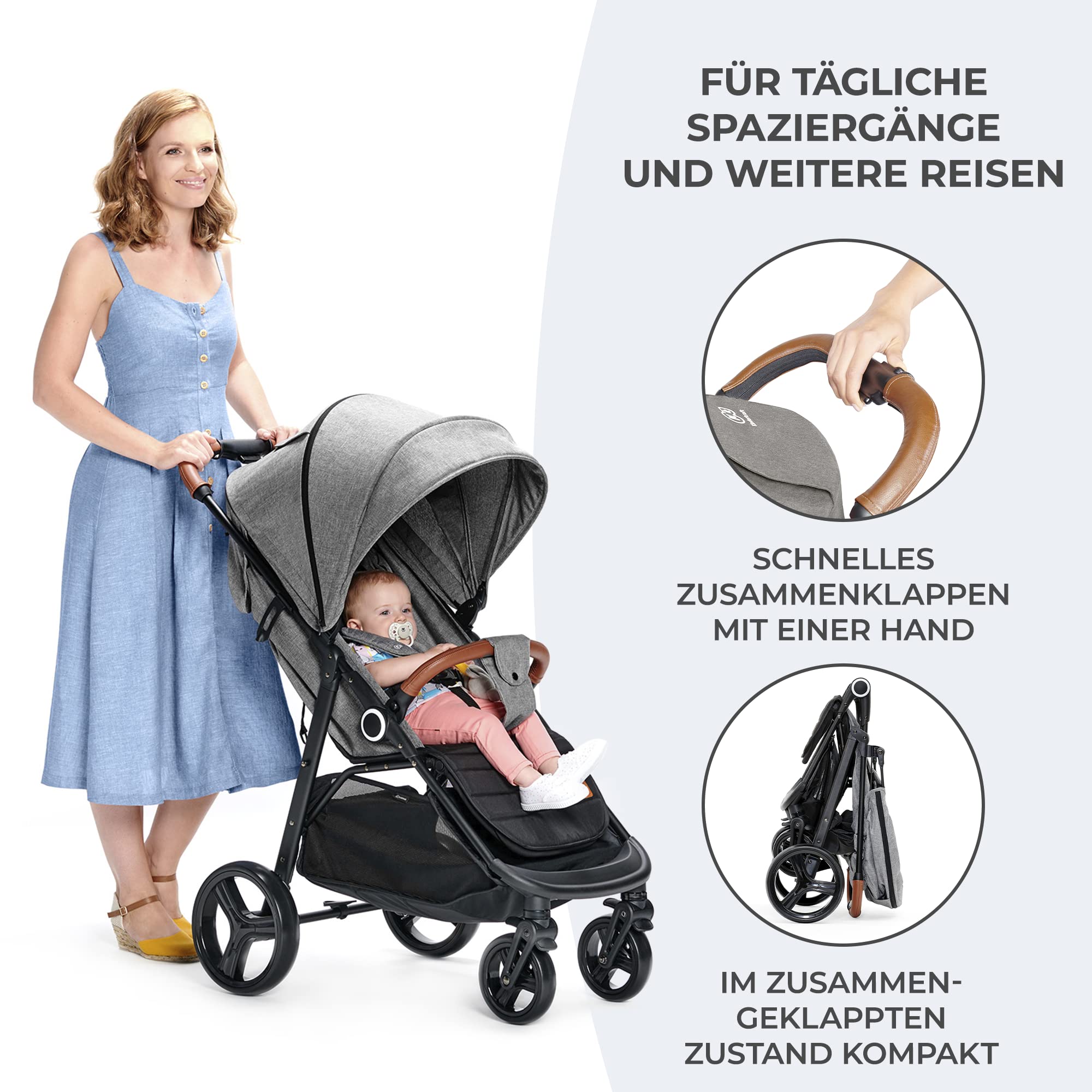Kinderkraft GRANDE PLUS Buggy Grau | Bis 22 kg & Einhand-Faltung | Liegefunktion