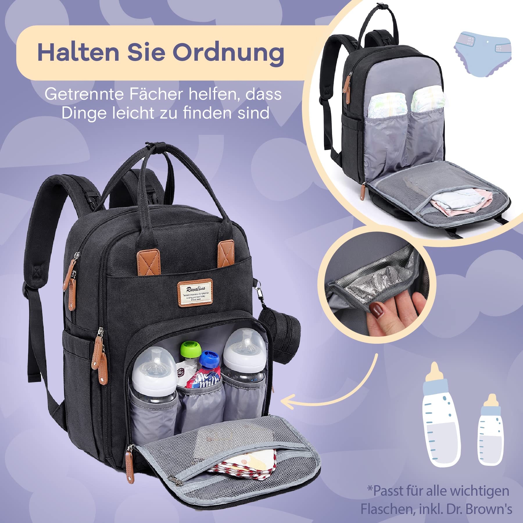RUVALINO Baby Wickelrucksack Schwarz | Mit Wickelauflage & Schnullerhalter