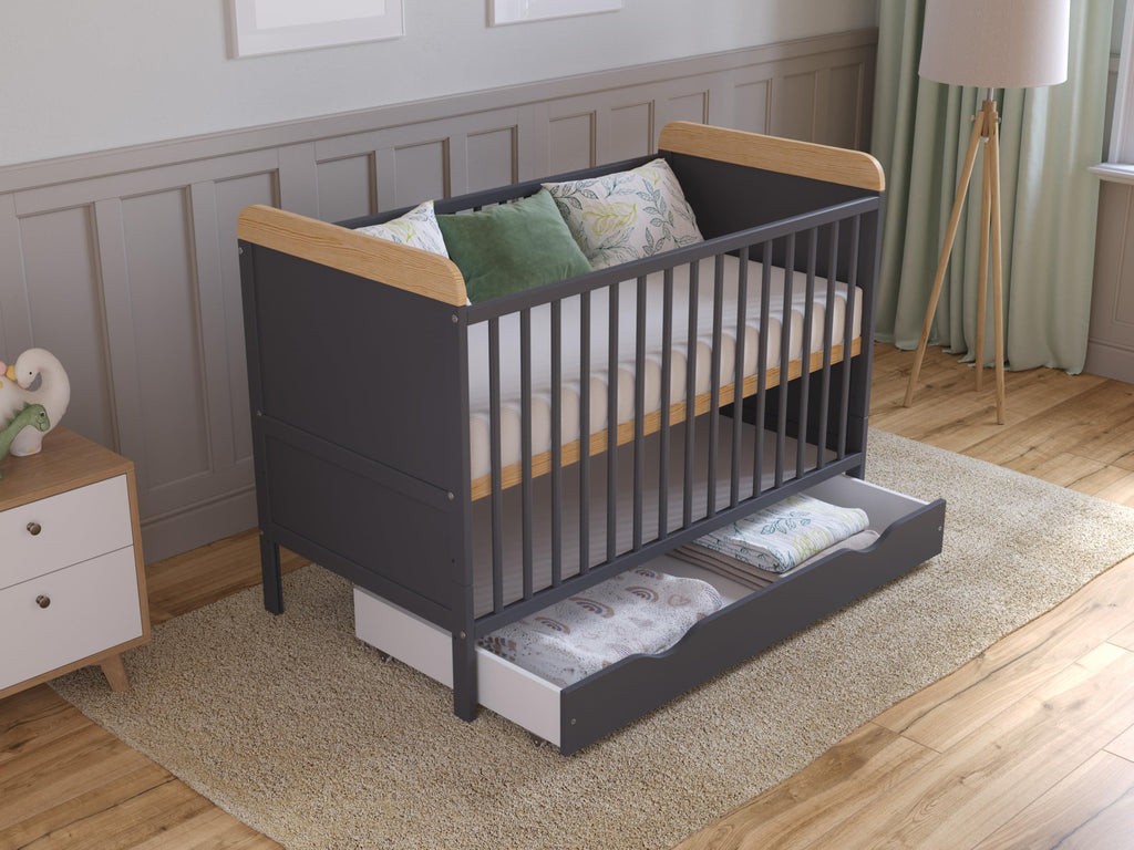 Love For Sleep Babybett 120x60 mit Schublade | Anthrazit-Kiefer Komplett-Set | Mitwachsend