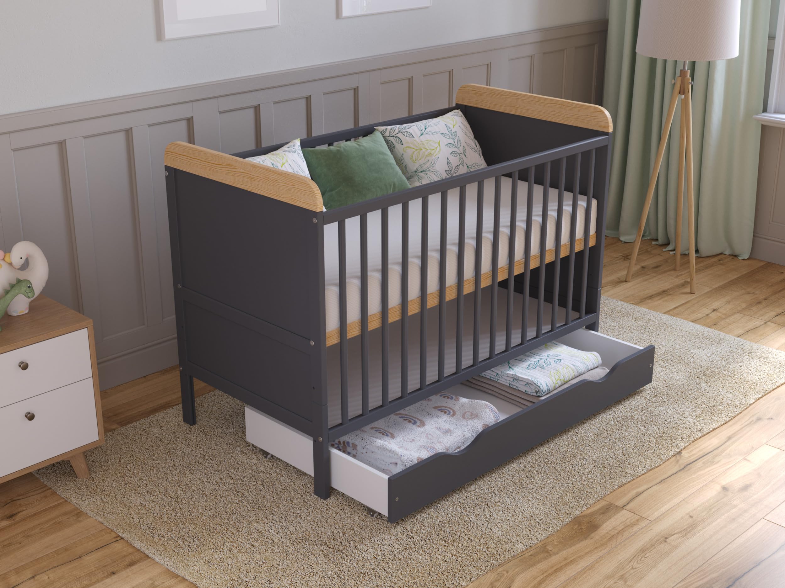Love For Sleep Babybett 120x60 mit Schublade | Anthrazit-Kiefer Komplett-Set | Mitwachsend