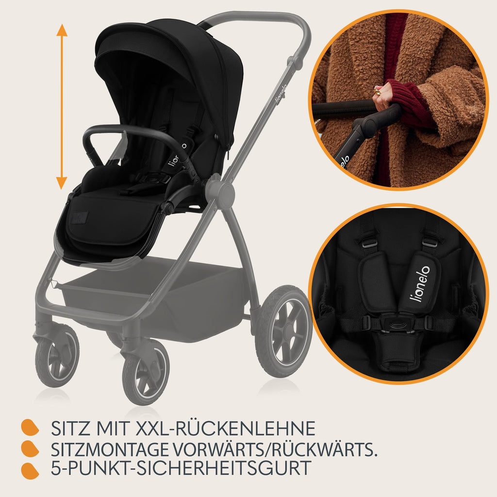 LIONELO MERIL 3-in-1 Multifunktionaler Kinderwagen 0-48 Monate Bis zu 22 kg, Babywanne bis zu 9 kg, Kindersitz bis zu 13 kg, Geländeräder 360°, Vollfederung, XXL-Verdeck mit UPF50+