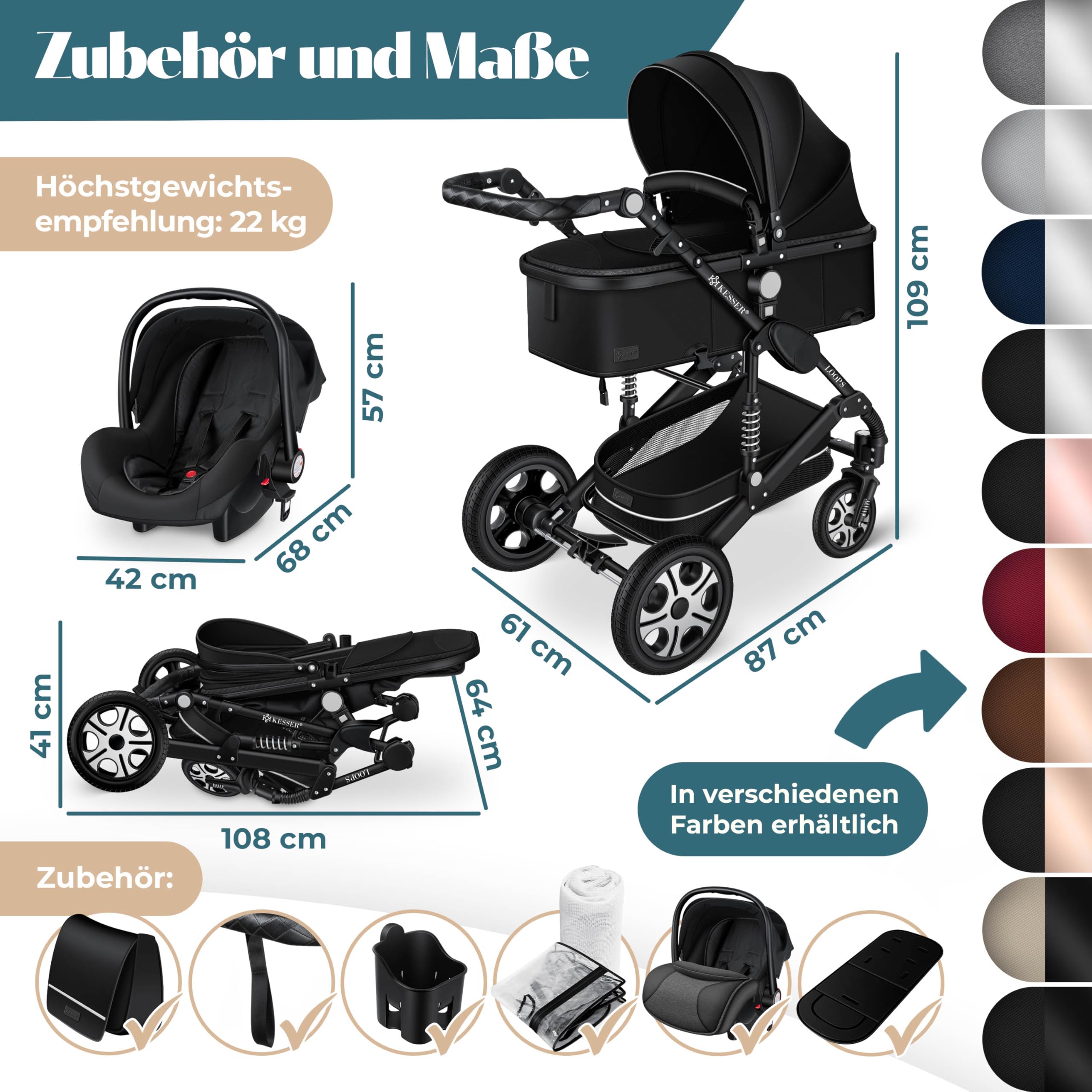 KESSER® Loops 4 in 1 Kinderwagen Komplett-Set | ECE R129 & Vollgummi | Schwarz