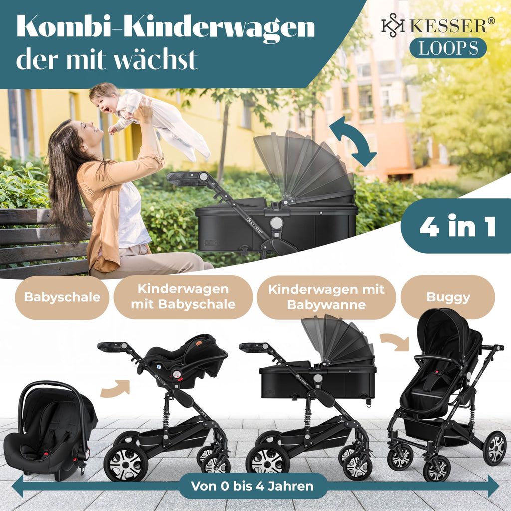 KESSER® Loops 4 in 1 Kinderwagen Komplett-Set | ECE R129 & Vollgummi | Schwarz