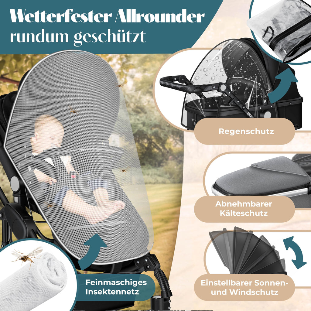 KESSER® Loops 4 in 1 Kinderwagen Komplett-Set | ECE R129 & Vollgummi | Schwarz